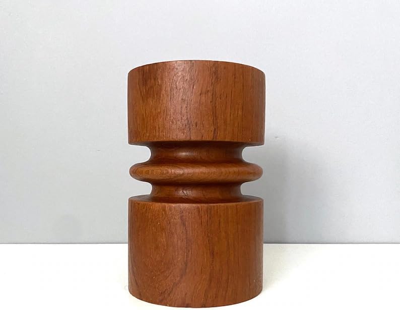Mid-Century Modern Wooden Vase, Minimalist Sculptural Flower Holder, Natural Brown Wood Decorative Vase for Living Room Tabletop Bedroom Office, Handcrafted Round Vase