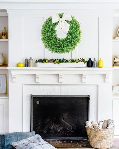 vlorart 24 inch faux round boxwood wreath, weatherproof on a desk or shelf