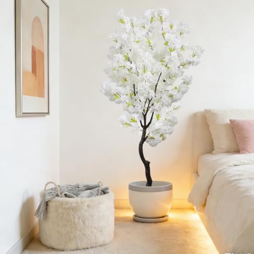 bincue artificial white cherry blossom tree fake tree, close-up detail
