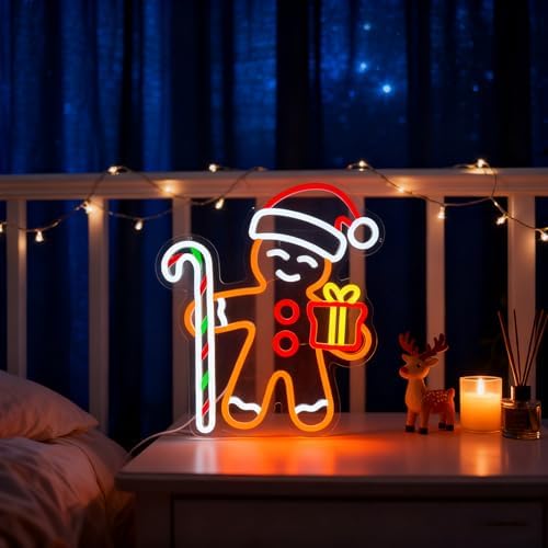 gingerbread man neon sign for christmas decor holiday, front angle view