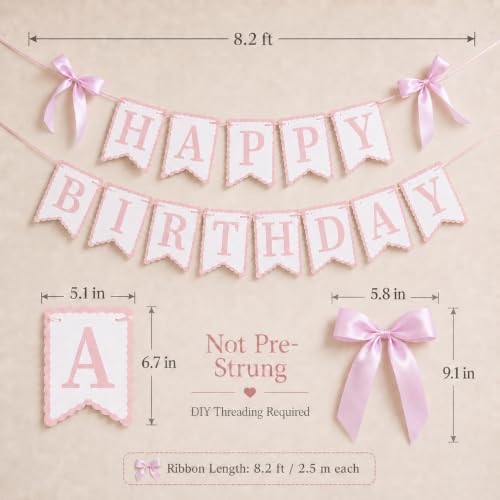 Pink Happy Birthday Banner with Satin Bows, Coquette Bow Birthday Decor | Bow theme party decor for coquette birthdays, cake table displays and photo backdrops.