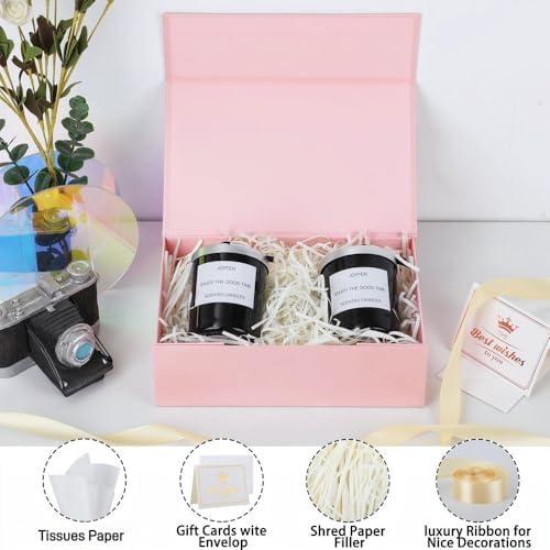 UoeRing 1 Pcs Pink Gift Box 9.5x6x3 Inch with Magnetic Lid | Collapsible Luxury Present Box,for Birthday,Christmas Holiday Gift Includes Card,Ribbon,Tissue Paper & Shredded Filler