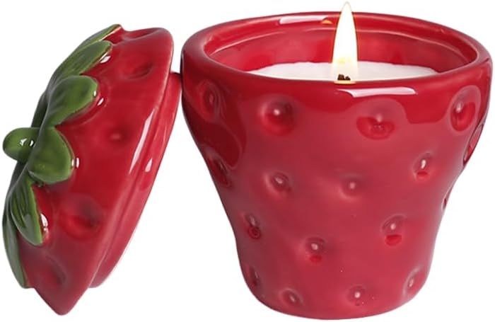 Strawberry Shaped Ceramic Candle Jar with Lid, Home Decor Aromatherapy Candlestick, Easter Bonus Candy Chocolate Storage jar (Red)