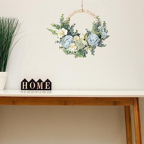 wood bead floral blue wreath boho farmhouse decor, close-up detail