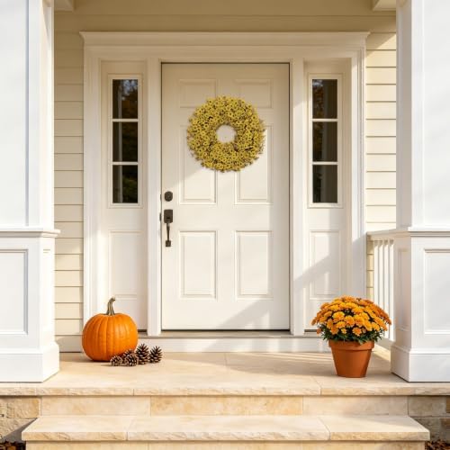 20" yellow fall wreath for front door, artificial on a desk or shelf