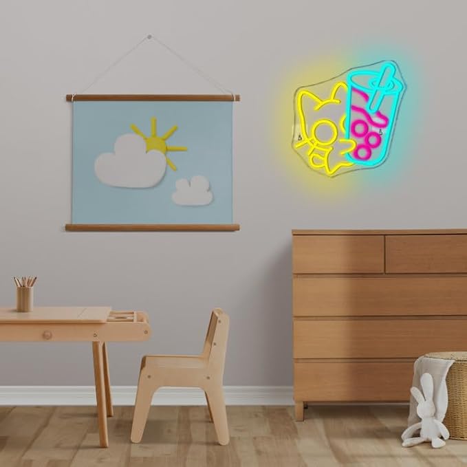 Looklight Cat Boba Tea Neon Sign,Yellow Cute Kitty Bubble Tea Neon Signs for Wall Decor,Dimmable LED Neon Light Bar Sign,USB Light Up Signs for Dimsum Store Bar Milk Tea Shop