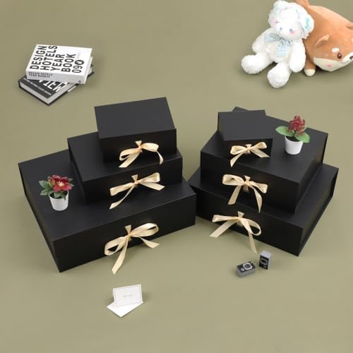 BoxSkivra Black Gift Box with Ribbon 1 Pack 6X6X3 Inch Small Gift Box with Lid Magnetic Closure Rectangle Collapsible Luxury Gift Boxes Shredded Paper Filler & Card