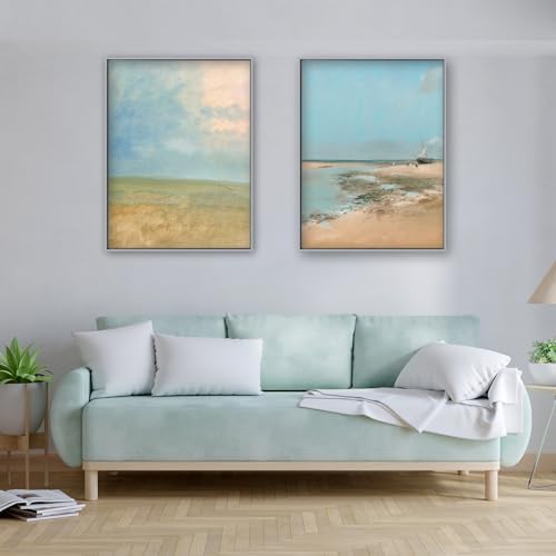 18x24 canvas floater frame for coastal landscape painting,silver on a desk or shelf