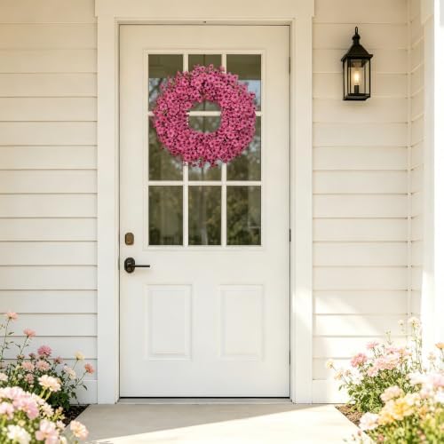 20" fuchsia artificial floral wreath for front door showing dimensions