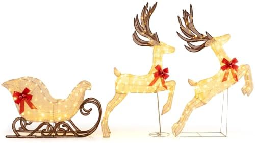 tangkula 3-piece christmas lighted reindeer & sleigh set, view 9