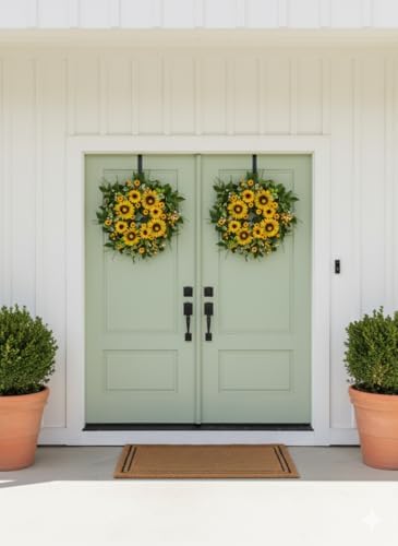 sunflower wreath for front door, 24 inch spring, side view