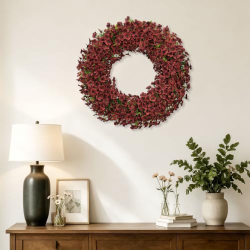 24" burgundy artificial floral wreath for front door, front angle view