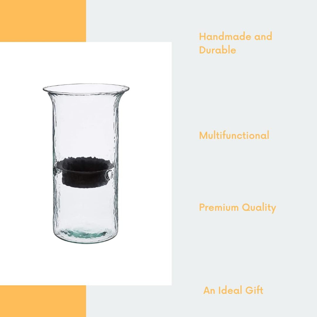 Glass Hurricane Pillar Candle Holder with Rustic Metal Insert, Perfect as a Centerpiece (Large)