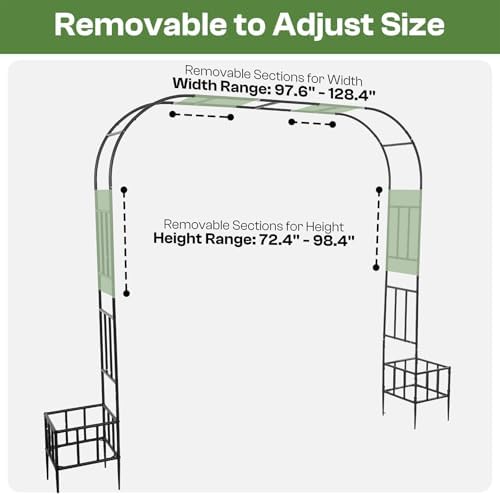garden arch with planter boxes, metal arbor trellis, close-up detail