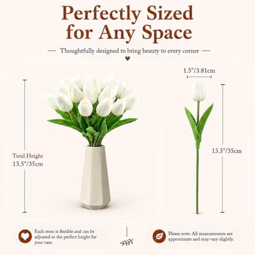 Mandy's 20pcs Artificial White Tulips | 13.5 Inch Lifelike PU Tulips Faux Floral Arrangement for Kitchen Island Dining Table Centerpieces and Home Decor