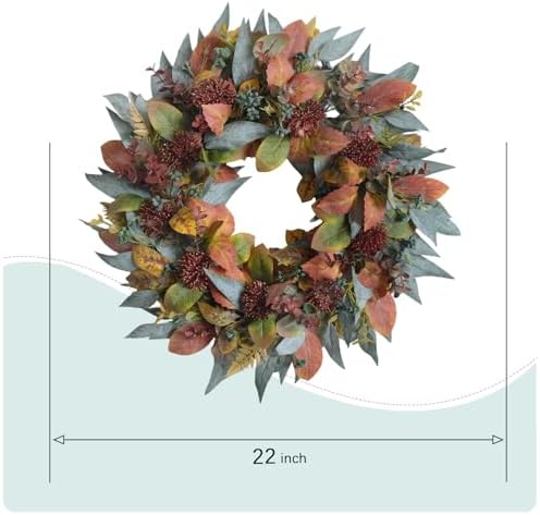 22-inch fall front door wreath artificial green brown, close-up detail