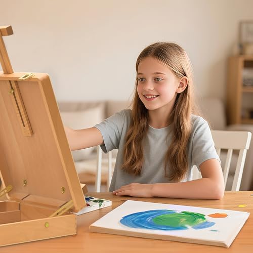 tabletop art easel for painting, wooden sketchbox, portable showing dimensions