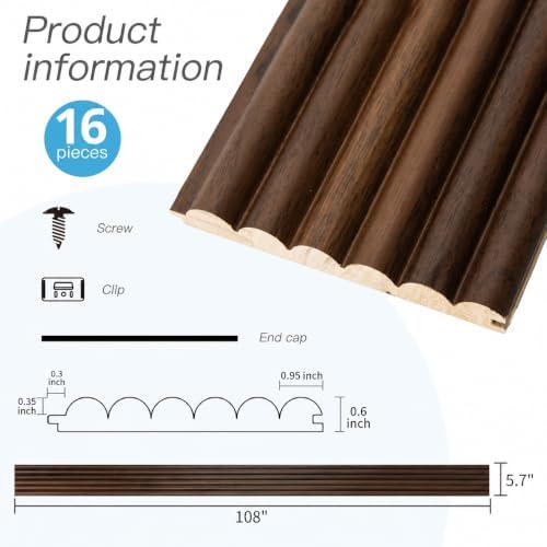 Art3d 108 x 5.7 in Fluted Wood Wall Paneling for Home Decor, Beaded Walnut