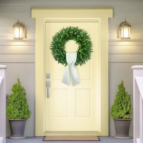 24'' boxwood wreaths front door, foldable green wreath, front angle view