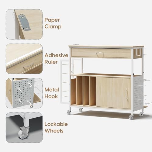 height-adjustable gift wrapping station with paper clamp &, side view