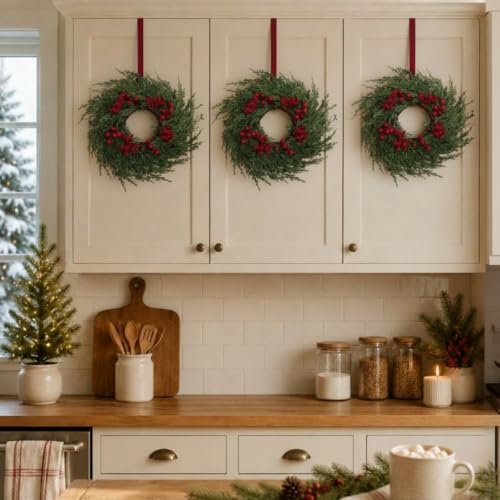 mini christmas cedar with berries wreaths 12" drop showing dimensions