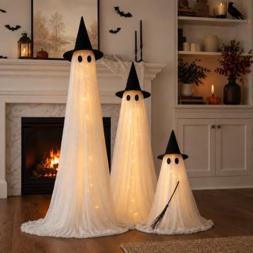 halloween decorations outdoor 3 pack lighted ghost-family with on a desk or shelf