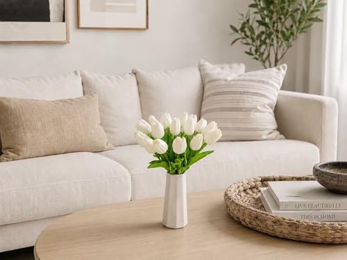 Mandy's 20pcs Artificial White Tulips | 13.5 Inch Lifelike PU Tulips Faux Floral Arrangement for Kitchen Island Dining Table Centerpieces and Home Decor