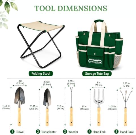 gardenhome 7-piece garden tool set with folding stool, side view