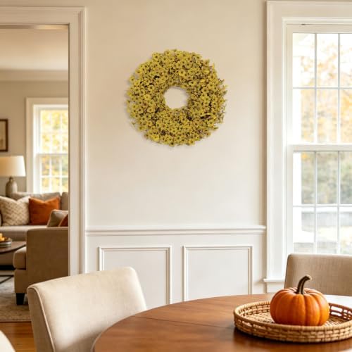 20" yellow fall wreath for front door, artificial, front angle view