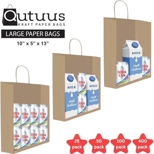 Qutuus 10x5x13 Kraft Paper Bags 100 Pcs Kraft Shopping Bags, Paper Gift Bags for Retail, Merchandise, Recycled Bulk Paper Sacks, Brown Paper Bags with Handles Bulk