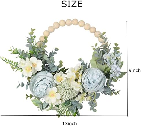 wood bead floral blue wreath boho farmhouse decor, side view