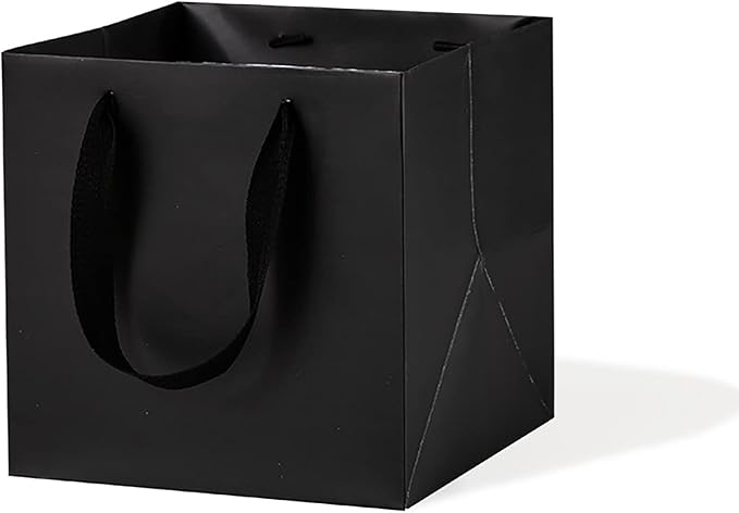 Black Paper Gift Bag Small Square Bottom Kraft Cardboard Paper Bags With Handles For Wedding, Baby Shower, Birtyday Party (Black, 6 x 6 x 6 in, 10 Pcs)