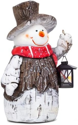 Mark Feldstein & Associates Woodsy Snowman with Lantern LED Light Up 17 Inch Resin Stone Christmas Door Greeter Figurine