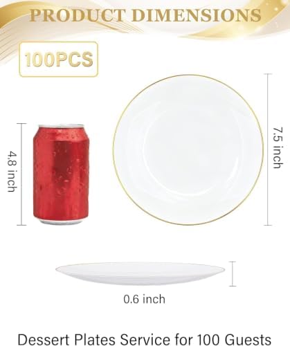 nervure 100pcs white with gold rim plastic plates, close-up detail