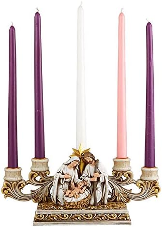 Needzo Advent Candle Holder, Gold Tone Holy Family Nativity Scene Centerpiece, Indoor Christmas Season Decoration, 11 x 6.5 Inches