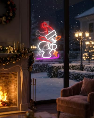 christmas snowman neon sign, skiing snowman led neon, front angle view