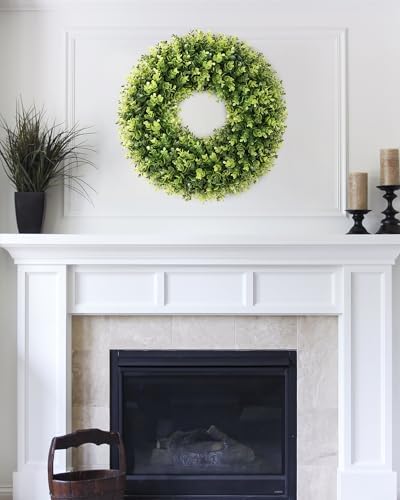 20 inch artificial boxwood wreath for front door, front angle view