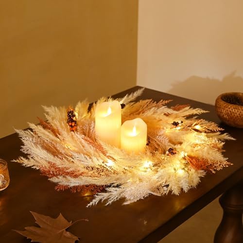 decorbyhannah 24'' neutral fall pampas wreath with lights on a desk or shelf