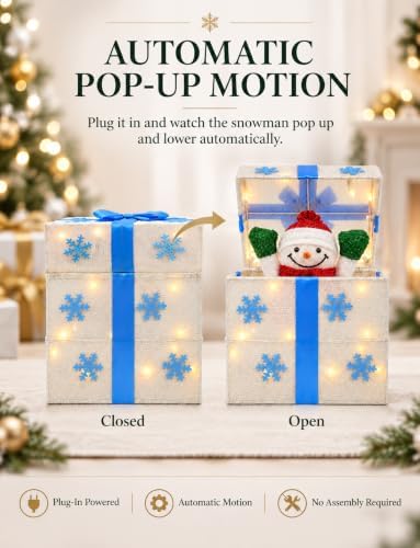 christmas decorations outdoor, lighted pop-up snowman gift box shown in use