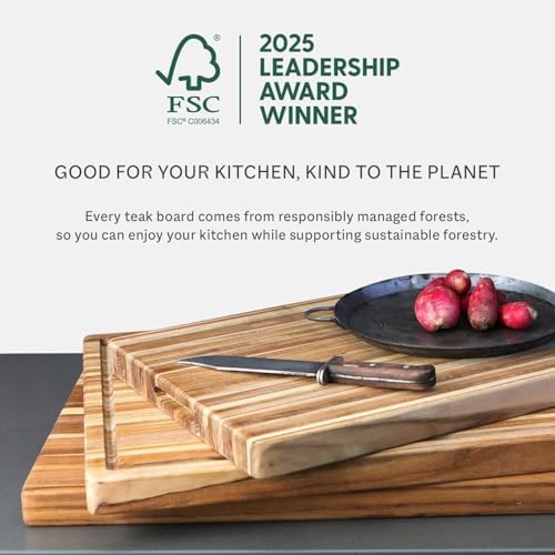 teakhaus edge-grain teak wood cutting board with grip, side view