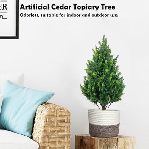 28 inch artificial cedar tree with pot, compact shown in use