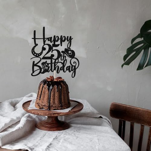 Kaoenla Glitter Black "Happy 25th Birthday" Cowboy Themed Cake Topper - Western Style Party Decoration for 25th Birthday & anniversary photo props Celebration