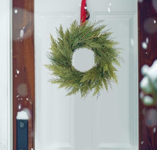 20” green faux norfolk pine christmas winter wreath shown in use