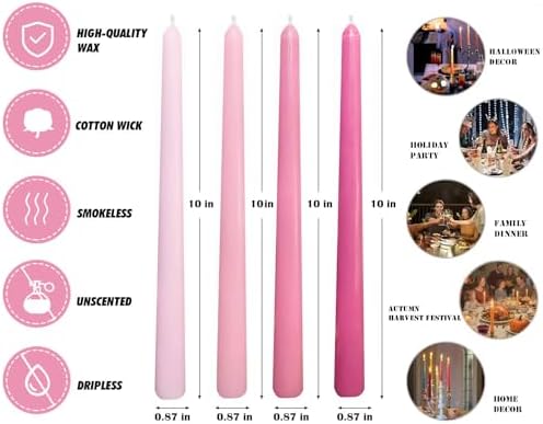 12-Pack Gradient Hot-Pink Taper Candles, 10 Inch Unscented Dripless Candlesticks, Long-Lasting Burn Time of 7-8 Hours, Perfect for Wedding Valentine's Day Dinners Parties and Home Décor