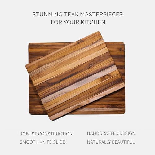 teakhaus edge-grain teak wood cutting board with grip on a desk or shelf