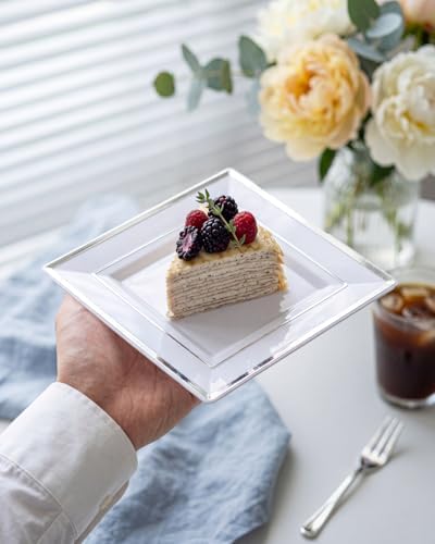 bucla 100pcs white and silver square plastic plates, front angle view