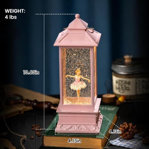 Snow Globe Lantern with Ballet Girl Ballerina – Shatterproof Glitter Snowglobe 10 Songs Music Box Led Light USB & Battery Powered, for Girls Gifts Birthday Home Decor Fall Decoration, Pink