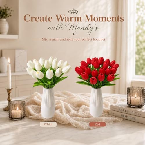Mandy's 20pcs Artificial White Tulips | 13.5 Inch Lifelike PU Tulips Faux Floral Arrangement for Kitchen Island Dining Table Centerpieces and Home Decor