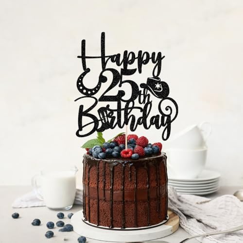 Kaoenla Glitter Black "Happy 25th Birthday" Cowboy Themed Cake Topper - Western Style Party Decoration for 25th Birthday & anniversary photo props Celebration