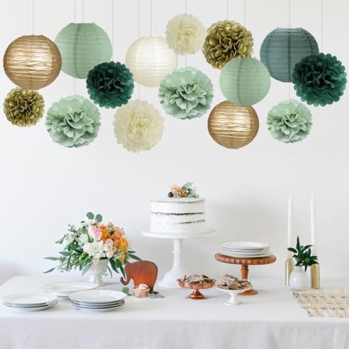 Sage Green Party Decorations, Paper Lanterns and Pom Poms Flowers for Birthday Party Baby Shower Wedding Shower Decor Gold/Ivory/Sage Green 15pcs